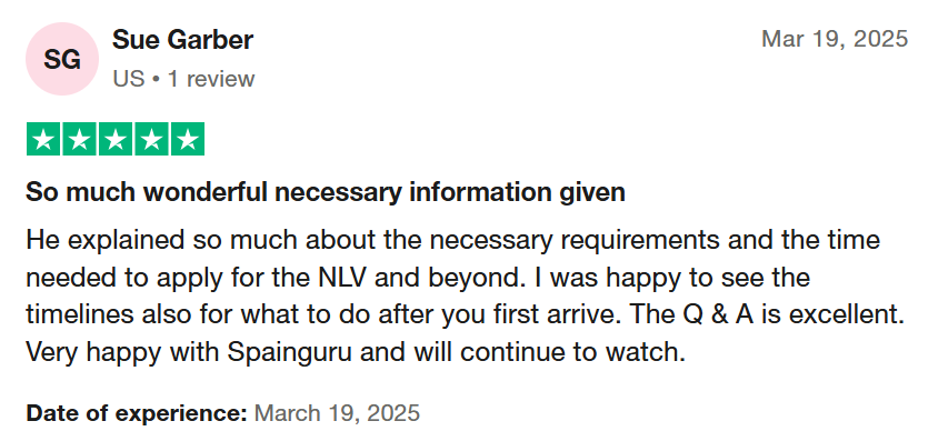 5-star review for Spainguru's NLV Q&A Webinar - Free Live Q&A: Spanish Non Lucrative Visa Questions Answered