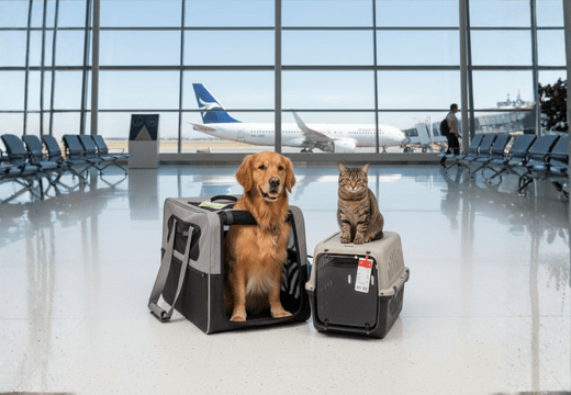 Dog and cat ready to travel by plane