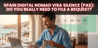Spain Digital Nomad Visa Silence (PAS): Do You Really Need to File a Request? Man working on a laptop at a wooden desk with a coffee mug; calendar overlay and a banner about 'Spain Digital Nomad Visa Silence (PAS)' atop, with the SpainGuru logo.
